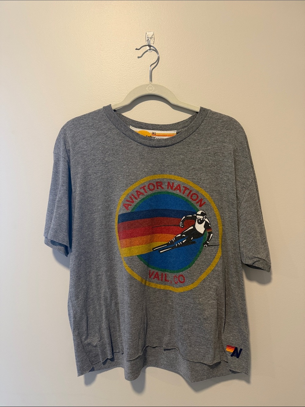 Aviator Nation Kids Grey Tee with Retro Rainbow Ski Graphic